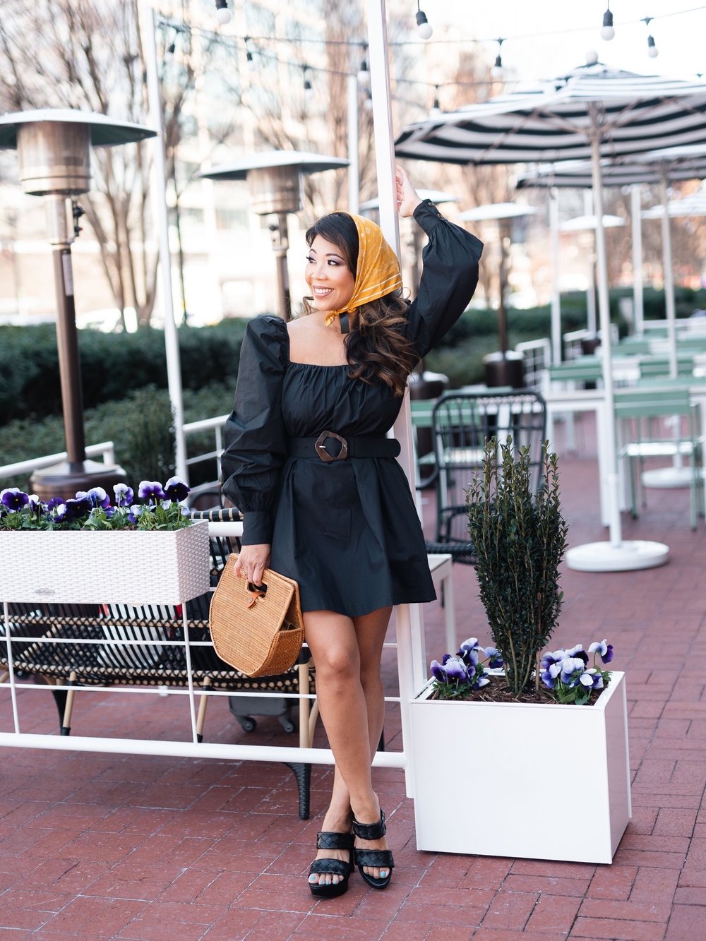 Song of Style Black Puff-Sleeve Square-Neck Mini Dress with Belt